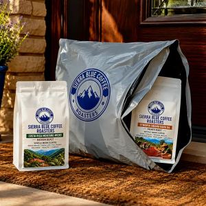 Sierra Blue Coffee Subscription with fresh-roasted coffee bags ready for delivery
